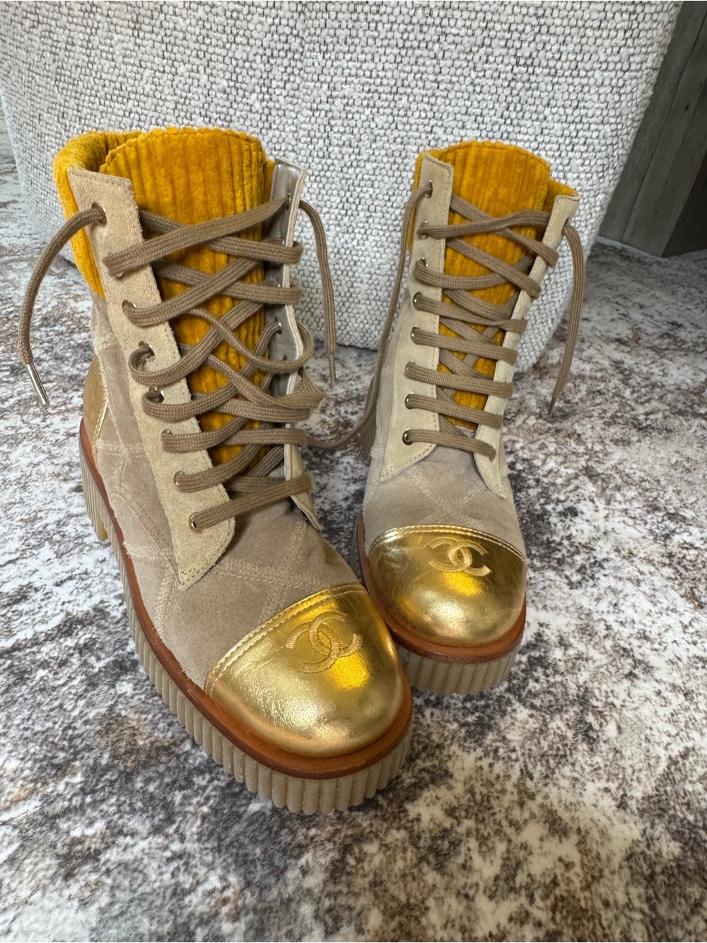 CHANEL Beige Suede Lace-Up Boots with Gold Cap Toes and Mustard Tongues